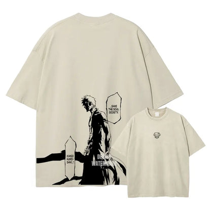 Anime Zaraki Kenpachi T Shirts Oversized Vintage Washed B-Bleach T-shirt Manga Kurosaki Ichigo T Shirt Renji Uryuu Tops Tees Man