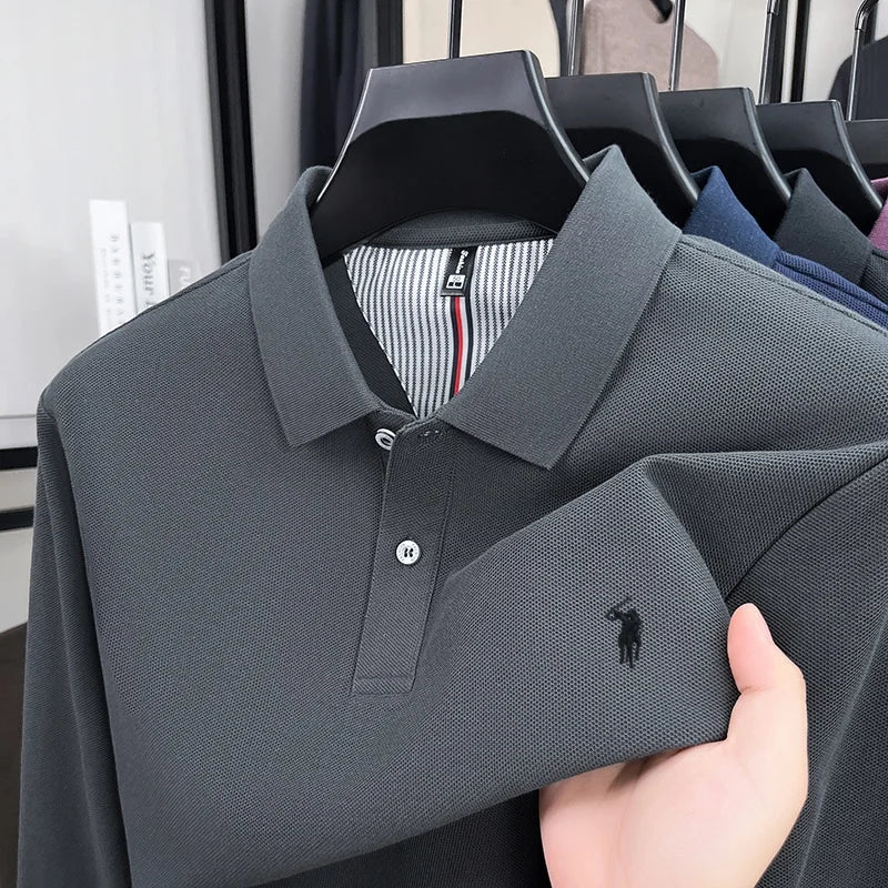100% pure cotton autumn and winter men's fashion sports brand embroidered pony long sleeved POLO shirt business casual T-shirt