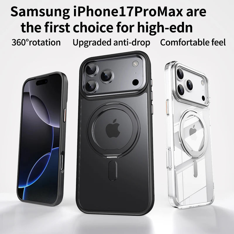 360° Rotating Stand Magnetic Case For iPhone 17 16 15 14 13 12 11 Pro Max Plus 17Air 16e Premium Metal Button Folding Bracket