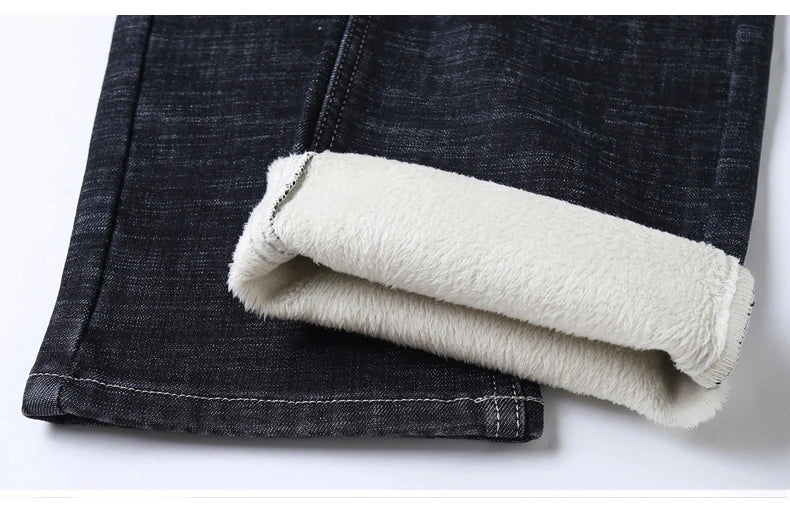 2024 New Men's Clothing Casual Jeans Winter New Fleece Pants Thick Warm Fashion Straight Fit Male Denim Trousers