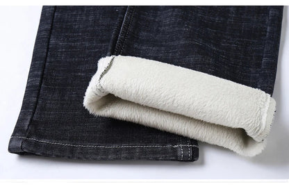 2024 New Men's Clothing Casual Jeans Winter New Fleece Pants Thick Warm Fashion Straight Fit Male Denim Trousers