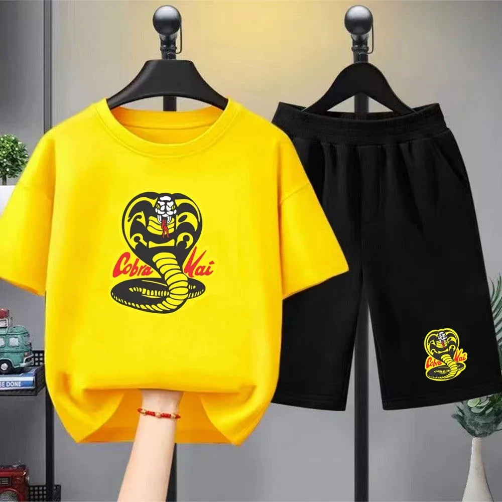 Summer T-Shirt + Shorts Anime Snake Print Boy Black Girl Sets T-Shirt Kids Tops Casual Tees Round Neck Short-Sleeved Top