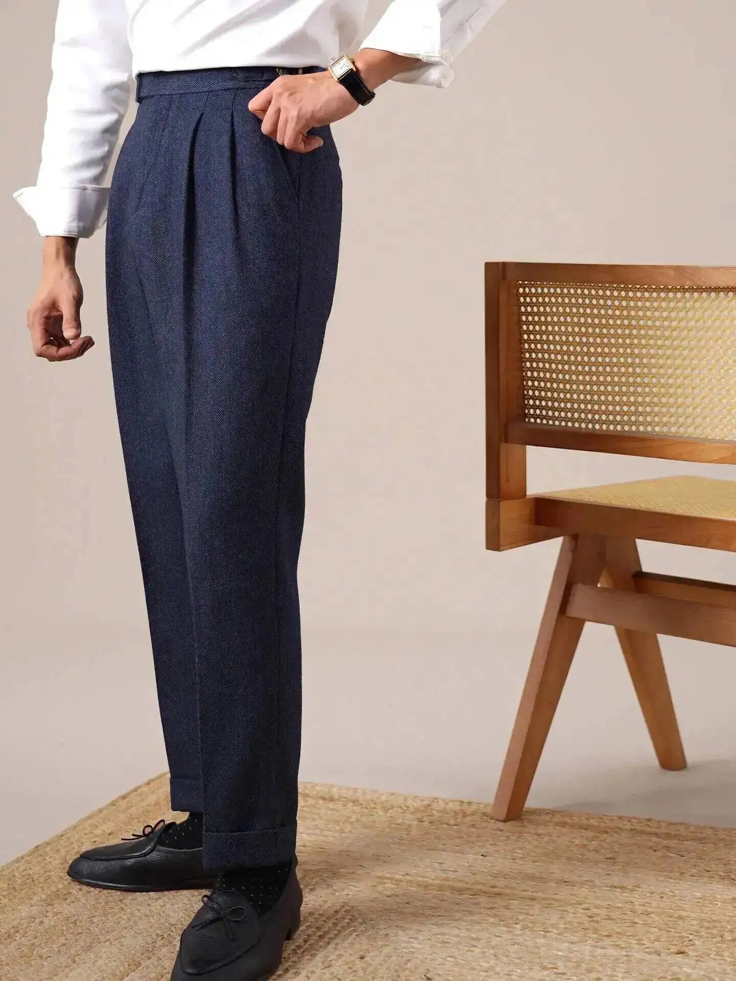 Autumn Herringbone Dress Pants For Men Naples Men's Wool Blend High Waist Social Casual Versatile Long Pants Office Trousers Men