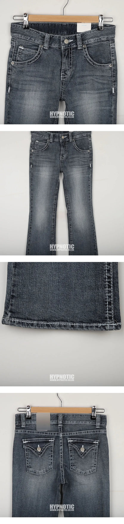 Gothic Buddha Head Womens Jeans Y2K Clothes Hip Hop Pocket Embroidery Vintage Blue Baggy Jeans Low Waist Wide Leg Trousers