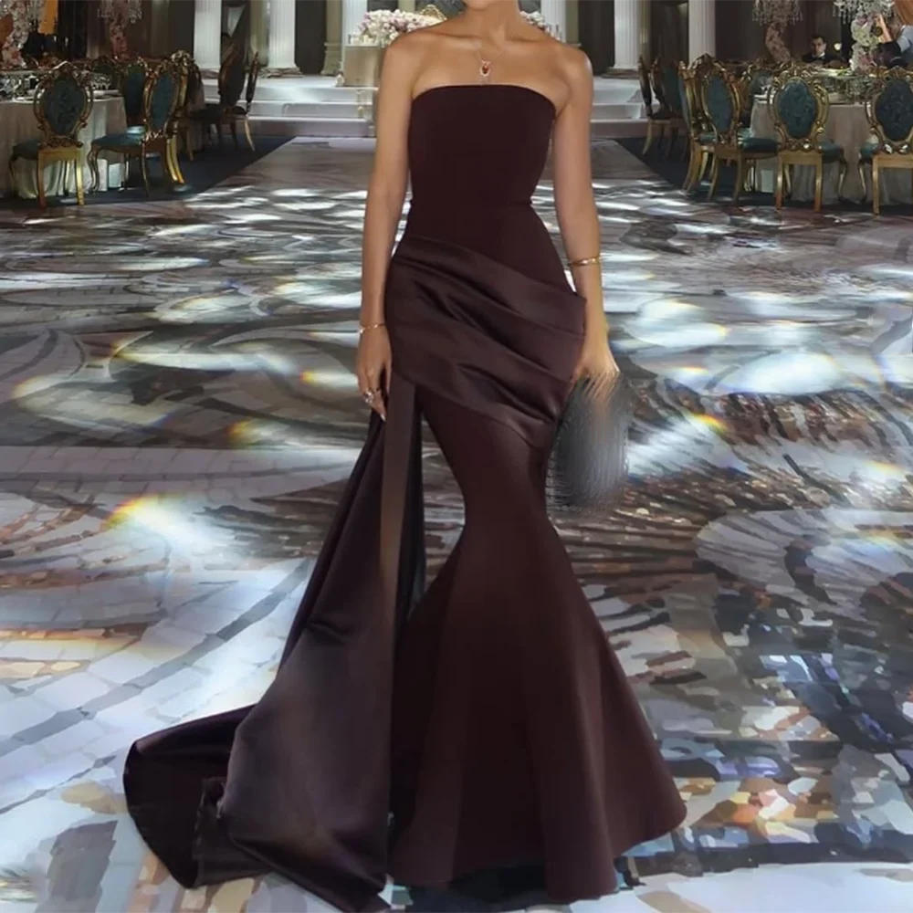 Customized Strapless Formal Evening Dresses Backless Pleat Floor-Length Satin Prom Gown Long Sleeveless mermaid Party Dress