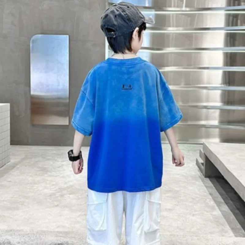 2026 New Boys Cotton T-Shirt Trendy Gradient Design for Big Kids Stylish Cool Summer Casual Wear