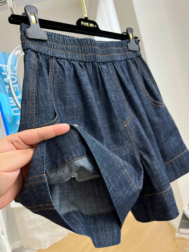European-style high-end elastic waist casual denim shorts for women, summer thin loose high-waist A-line wide-leg hot pants