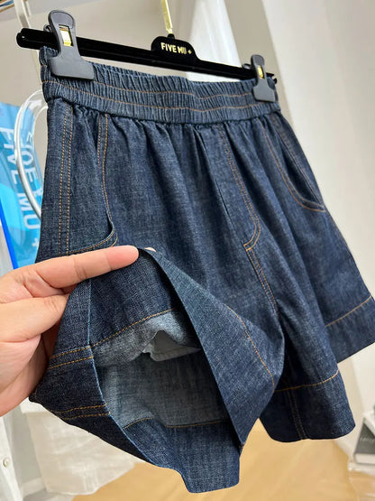 European-style high-end elastic waist casual denim shorts for women, summer thin loose high-waist A-line wide-leg hot pants