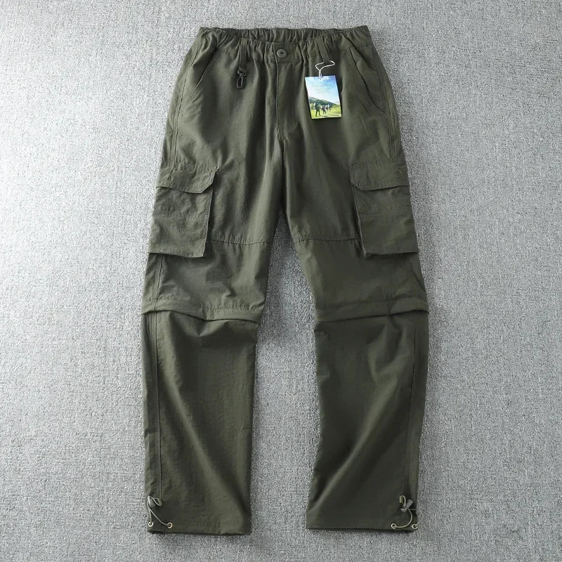 Men's Summer Cargo Pants Quick Dry Double Used Pants Elastic Waist Detachable Feet Loose Straight Waterproof Long Trousers