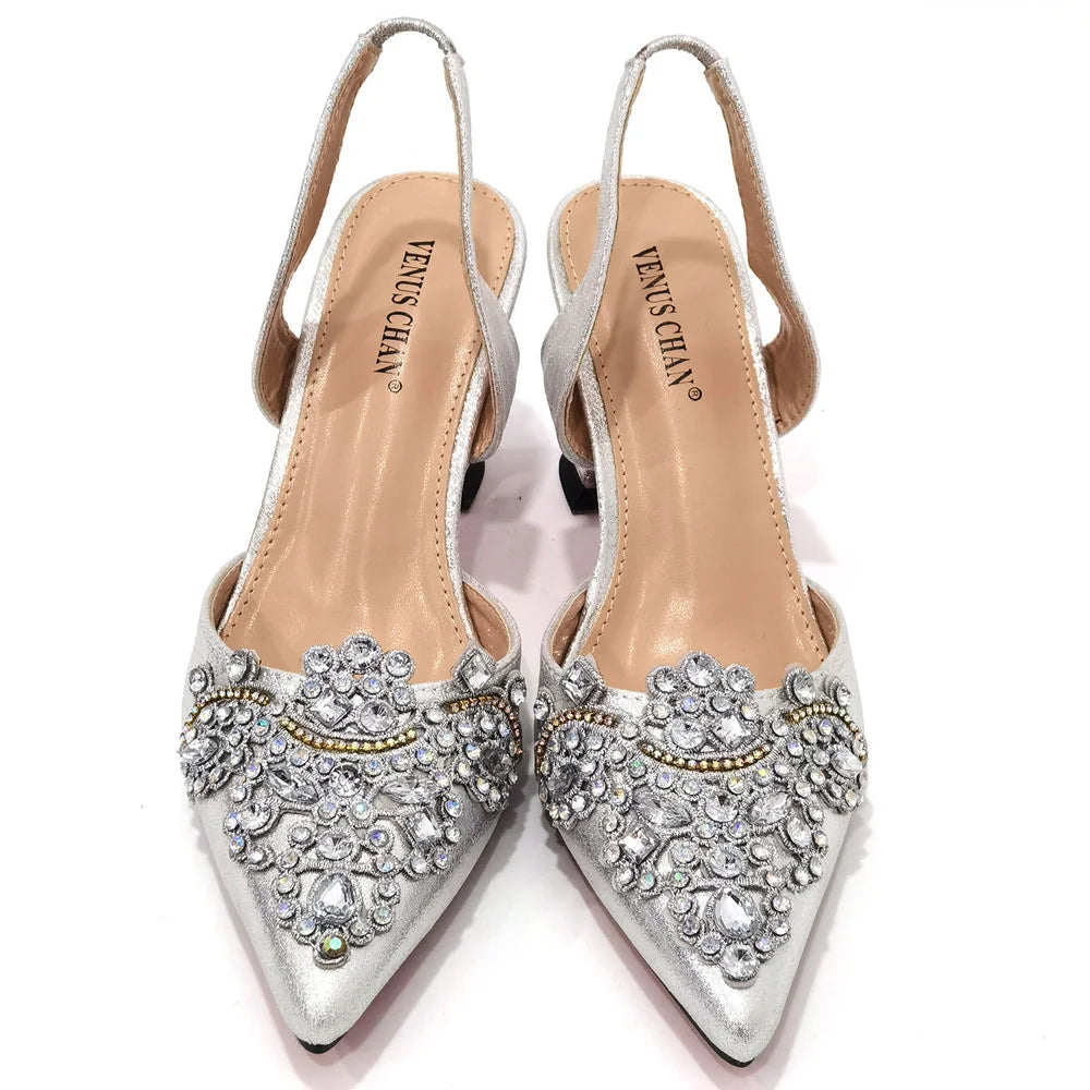 2023 New Fashion Simple And Versatile Silver Pointed Toe High Heels Comfortable To Wear Party Ladies Shoes And Bag