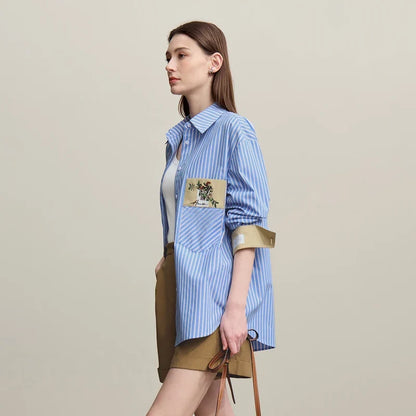Women's Shirt 2026 Autumn New Floral Embroidered Lapel Collar Contrast Stripe Blouse Cotton Casual Top For Women 12641012