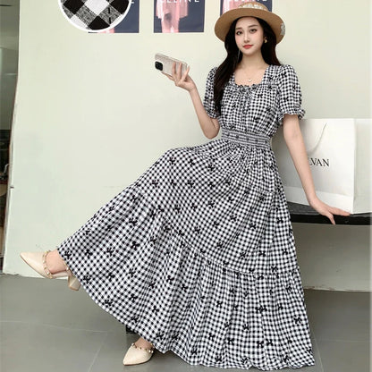 Summer New Cotton Silk Floral Print Maxi Dr ort Sve Beachwear High Waist Young Women's Large Skirt Swing Dr