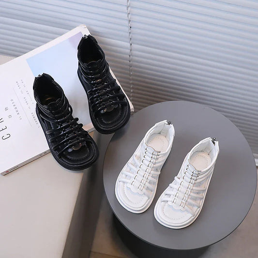 Girl's Sandals Gladiator Style Hollow-out Ankle-high Chunky Kids Summer Shoes White Black Zipper Chic Children Sliders 21-36