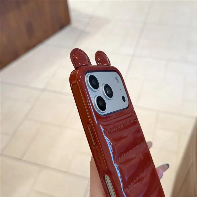 Coordinated Winter Bear-Ear Down Jacket For iPhone 17 16 15 14 Pro Max Phone Case Shockproof Fashion Cover Skin Leather Funda