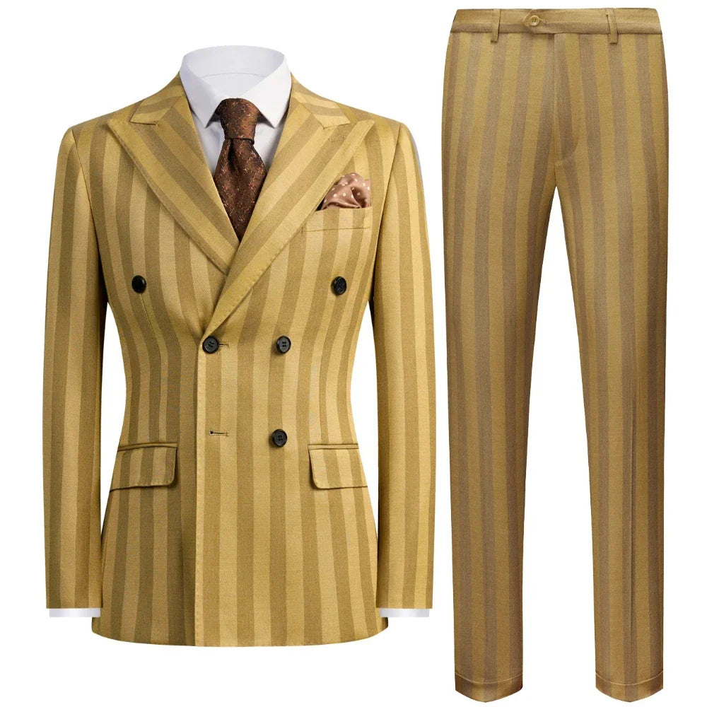 Men's 2 Piece Suit Set Slim Fit Double Breasted Peak Lapel Jacket Pants Elastic Waist Formal Wedding Prom Tuxedo Rayon Blend