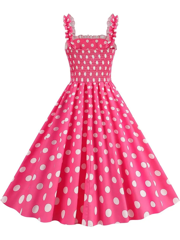 Spaghetti Strap Pink Plaid Dress Women Summer Elegant Vintage 50s Rockabilly Swing Party Dress