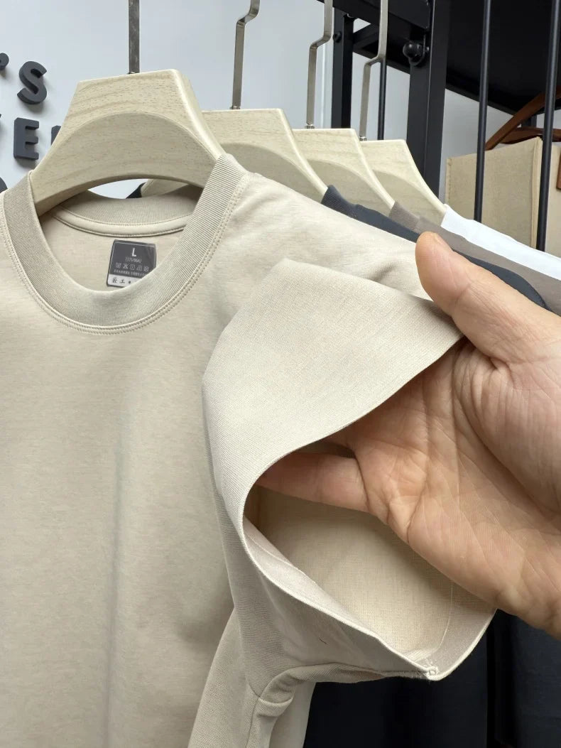 Summer solid color men's simple and luxurious embroidered round neck short sleeve T-shirt top comfort breath for daily commuting