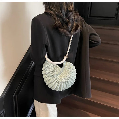 Fashion Conch Shaped Crochet Women Shoulde Bags Funny Cute Pearls Chains Handmade Weave Crossbody Bag Novelty Small Handbags