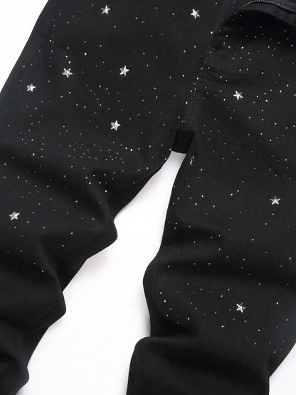Men's Trendy Rhinestone - Embellished Black Stretch Skinny Jeans, Four - Season Style