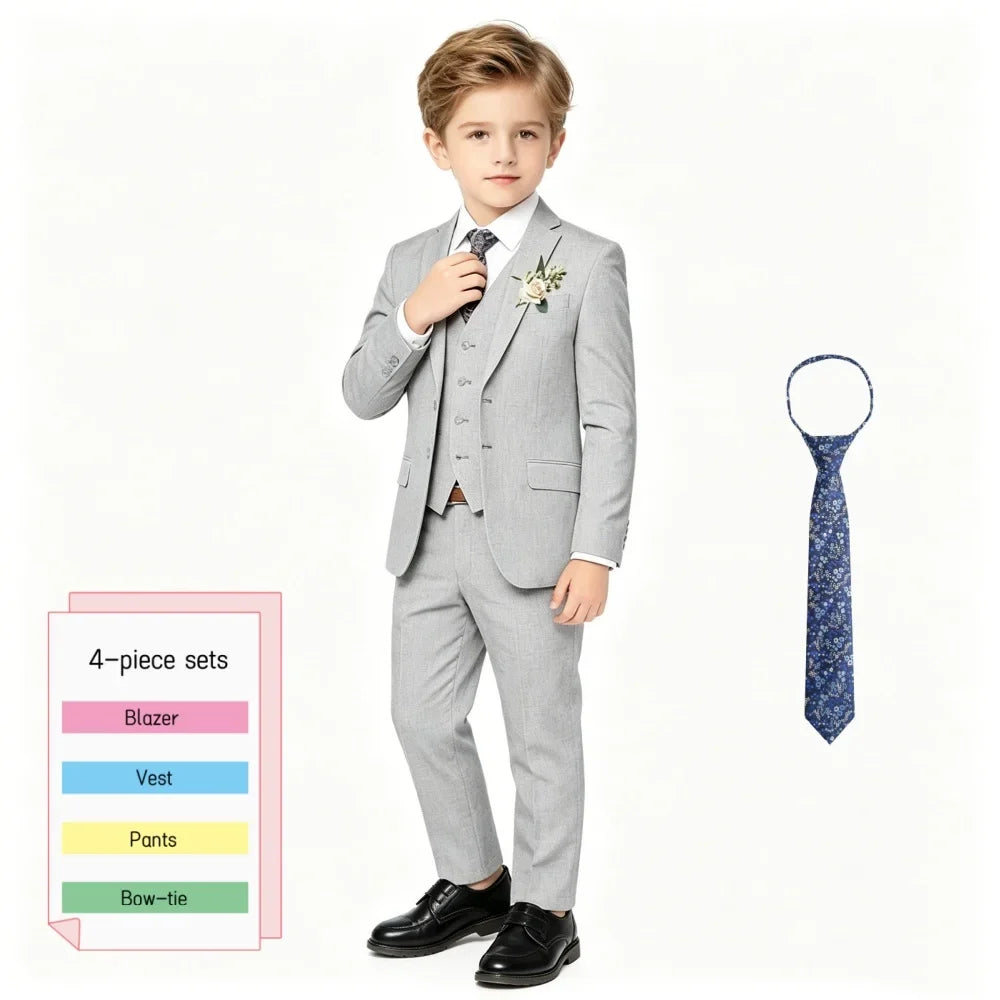 Boys Grey Linen Blend 4PCS Suit Set with Floral Tie Kids Formal Blazer Vest Pants for Wedding Birthday Party Graduation 3-13Y