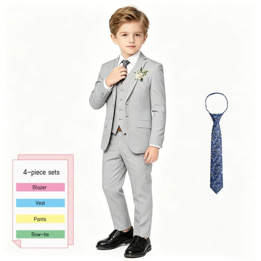 Boys Grey Linen Blend 4PCS Suit Set with Floral Tie Kids Formal Blazer Vest Pants for Wedding Birthday Party Graduation 3-13Y