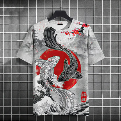 Crane Waves Pattern T-Shirt For Men Chinese Koi Fish 3D Print Tees Summer Casual Loose Short Sleeve O-Neck Tops Unisex T Shirts