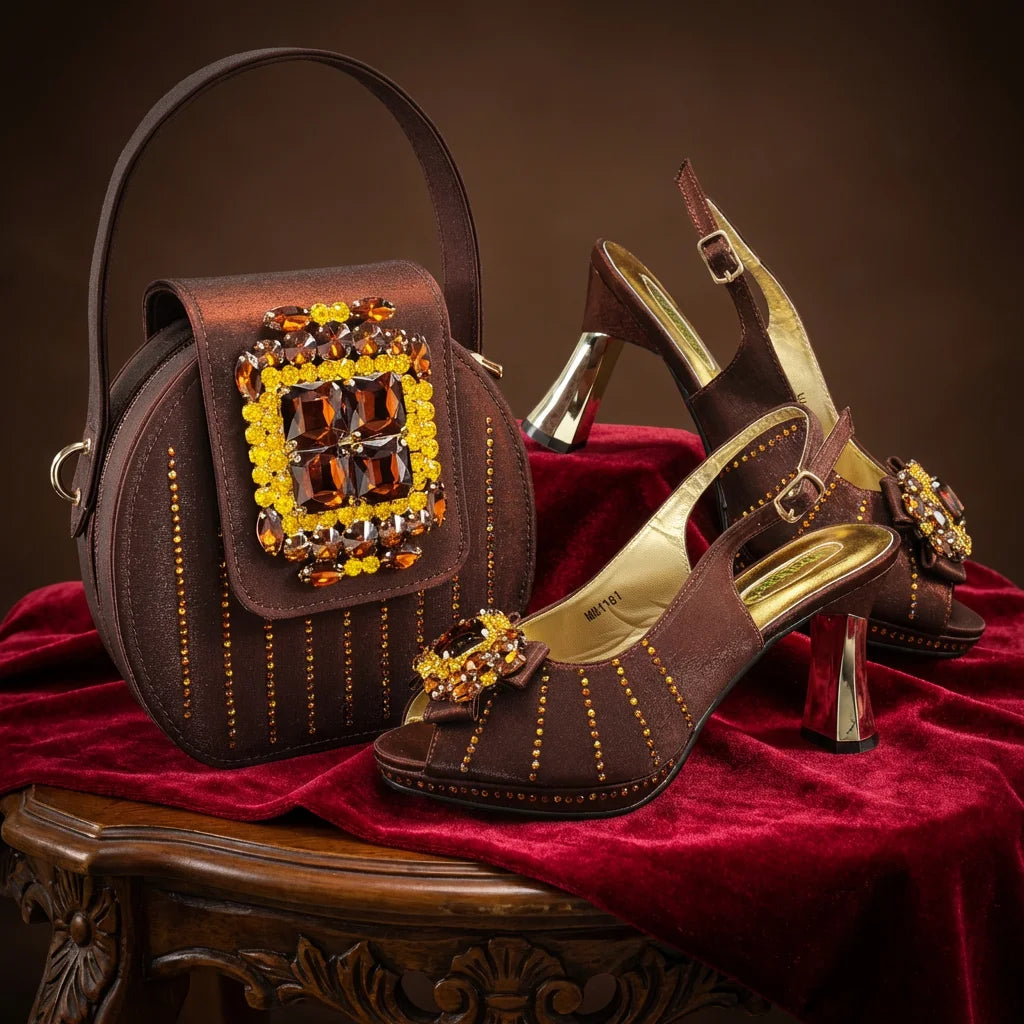 2026 New Brown Rhinestone Peep-Toe High Heel Sandals and Bag Set for Women –Elegant Italian Party Shoes Perfect for Wedding