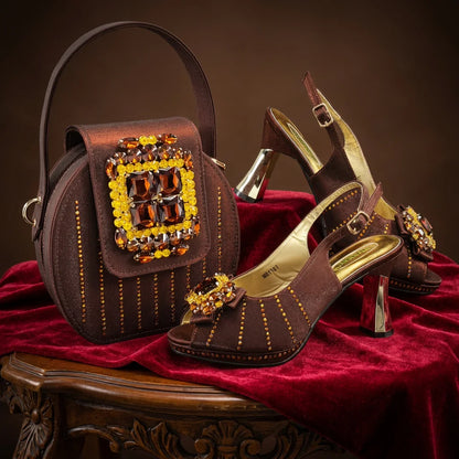 2026 New Brown Rhinestone Peep-Toe High Heel Sandals and Bag Set for Women –Elegant Italian Party Shoes Perfect for Wedding