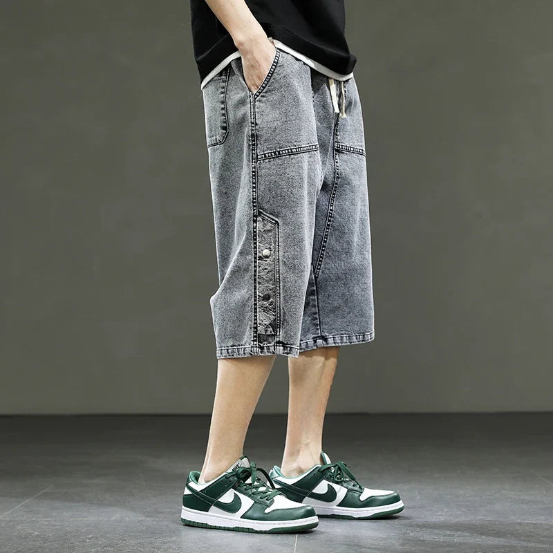 Korean Style Summer Men's Black Wide Leg Denim Shorts New Fashion Casual Baggy Short Jeans Male Plus Size 6XL 8XL YBR602