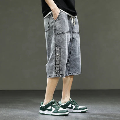Korean Style Summer Men's Black Wide Leg Denim Shorts New Fashion Casual Baggy Short Jeans Male Plus Size 6XL 8XL YBR602