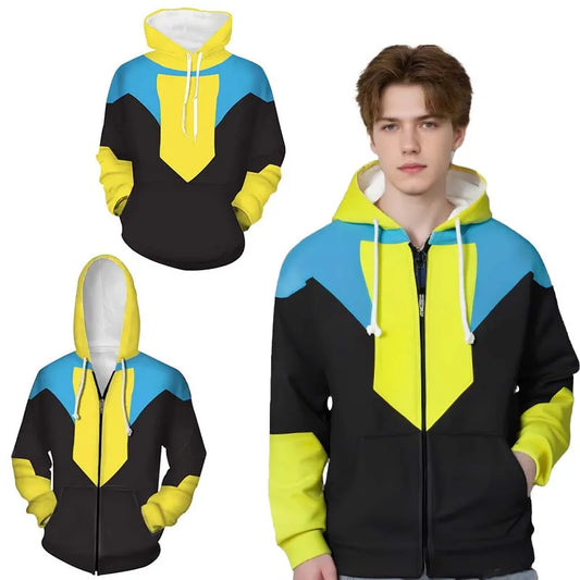 Anime Color Block Hoodies for Men Long Sleeve Pullover Sweatshirt with Pockets 3D Printed Casual Streetwear Zipper Jacket
