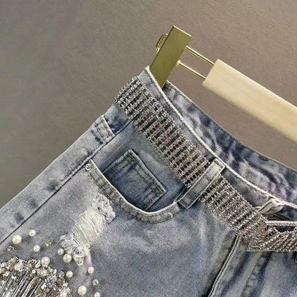 New 2026 Summer Women Heavy Beaded Rhinestone Shorts High Waist Sequin Tassel Ripped Wide Leg Hot Pants