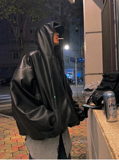 Spring Autumn Short Oversized Black Soft Pu Leather Jacket Men with Hood Zipper Loose Casual Korean Fashion Clothes