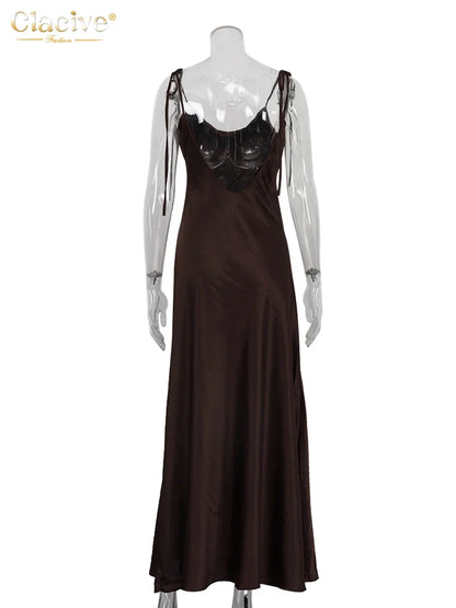 Fashion Loose Brown Satin Womens Dresses 2025 Summer Strap Sleeveless Floor Length Dress Sexy Backless Female Dress