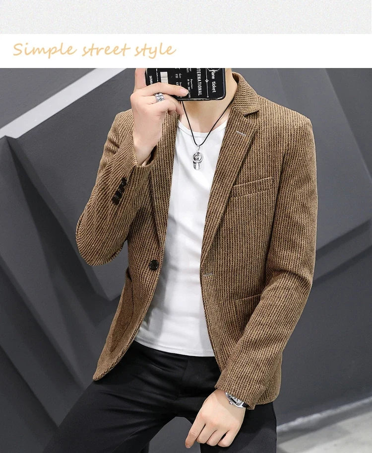 Blazer New Men's Fashion Business Vertical Strip Gentleman Slim Wool Shopping Outdoor Performance Wedding Banquet Casual Blazer