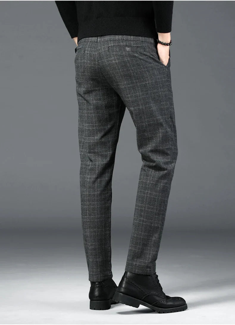 Autumn New Men's Plaid Striped Business Casual Pants Classic Fashionable Straight Elastic Casual Trousers Black Gray Male