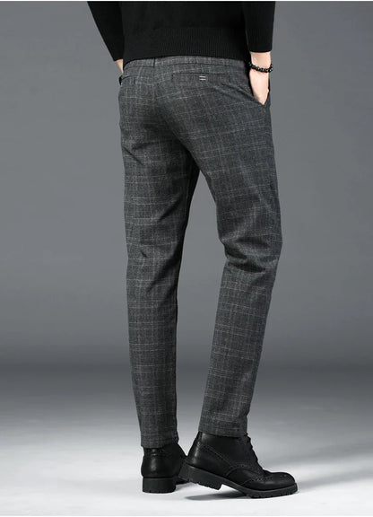 Autumn New Men's Plaid Striped Business Casual Pants Classic Fashionable Straight Elastic Casual Trousers Black Gray Male