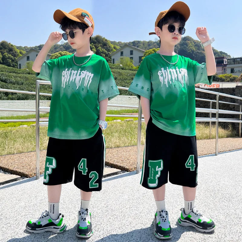 Summer Boys Cotton Alphabet Tie Dye t-Shirt Tops+Sweat Shorts Pant School Kids Tracksuit Child 2PCS Outfit Workout Set 5-16Years