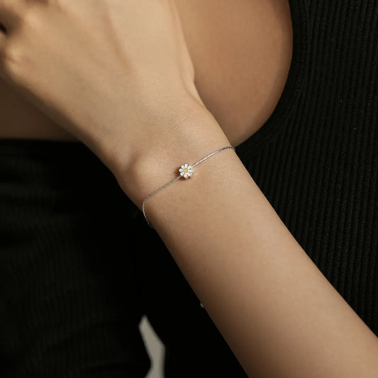 Bracelet en argent sterling 925 avec fleurs marguerites en émail, chaîne serpent ajustable, tendance, pour femme, cadeaux de Saint-Valentin