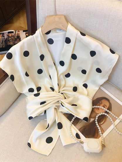 Sexy Cropped Dot Shirt Women Vintage Slim V Neck Short Sleeve Design Blouse French Retro Casual Bow Lace Up Summer Elegant Tops