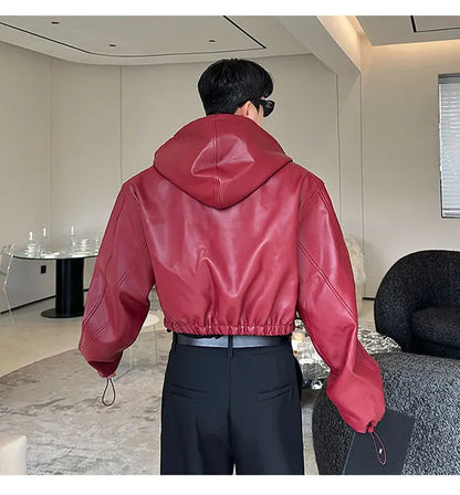 Spring Autumn Short Waterproof Black Pu Leather Jacket Men Hood Zipper High Waist Loose Casual Korean Fashion 2025