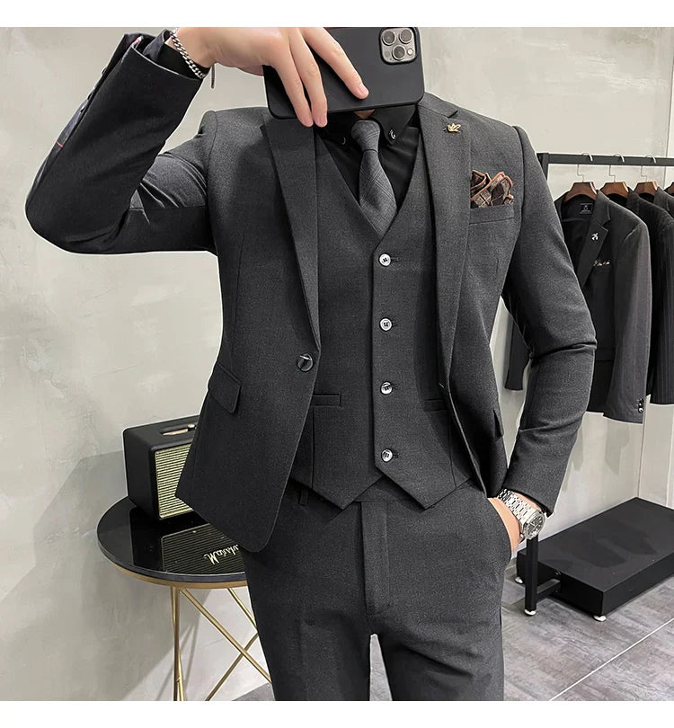 Blazer Vest Pants Men's Navy Blue Suit Set Slim Fit Blazer Vest Pants Formal Outfit for Business Wedding Office Groom Party