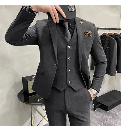 Blazer Vest Pants Men's Navy Blue Suit Set Slim Fit Blazer Vest Pants Formal Outfit for Business Wedding Office Groom Party