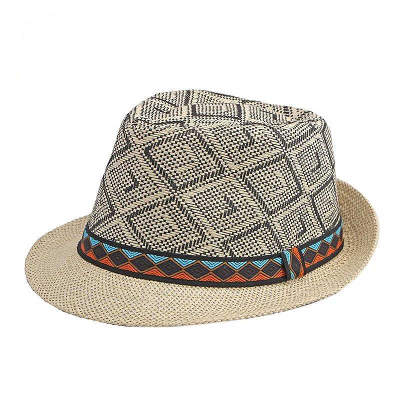 Men's Hat Woven Straw Sunshade Hat Casual Buckle Beach Sun White Wedding Black Belt Fedoras Jazz Hat Panama Cap