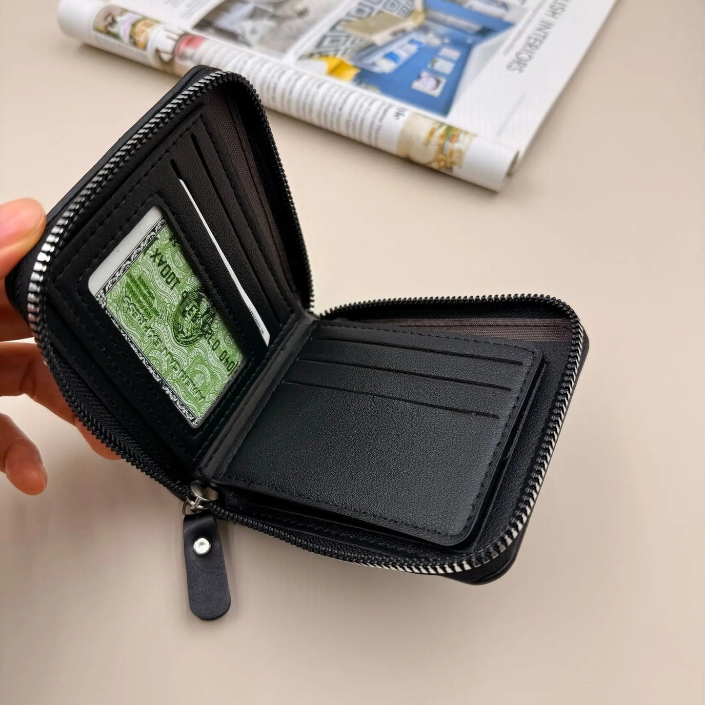 Men’s Leather Zipper Wallet Large Capacity Multi-card Holder Wallets Coin Cash Purse with ID Window