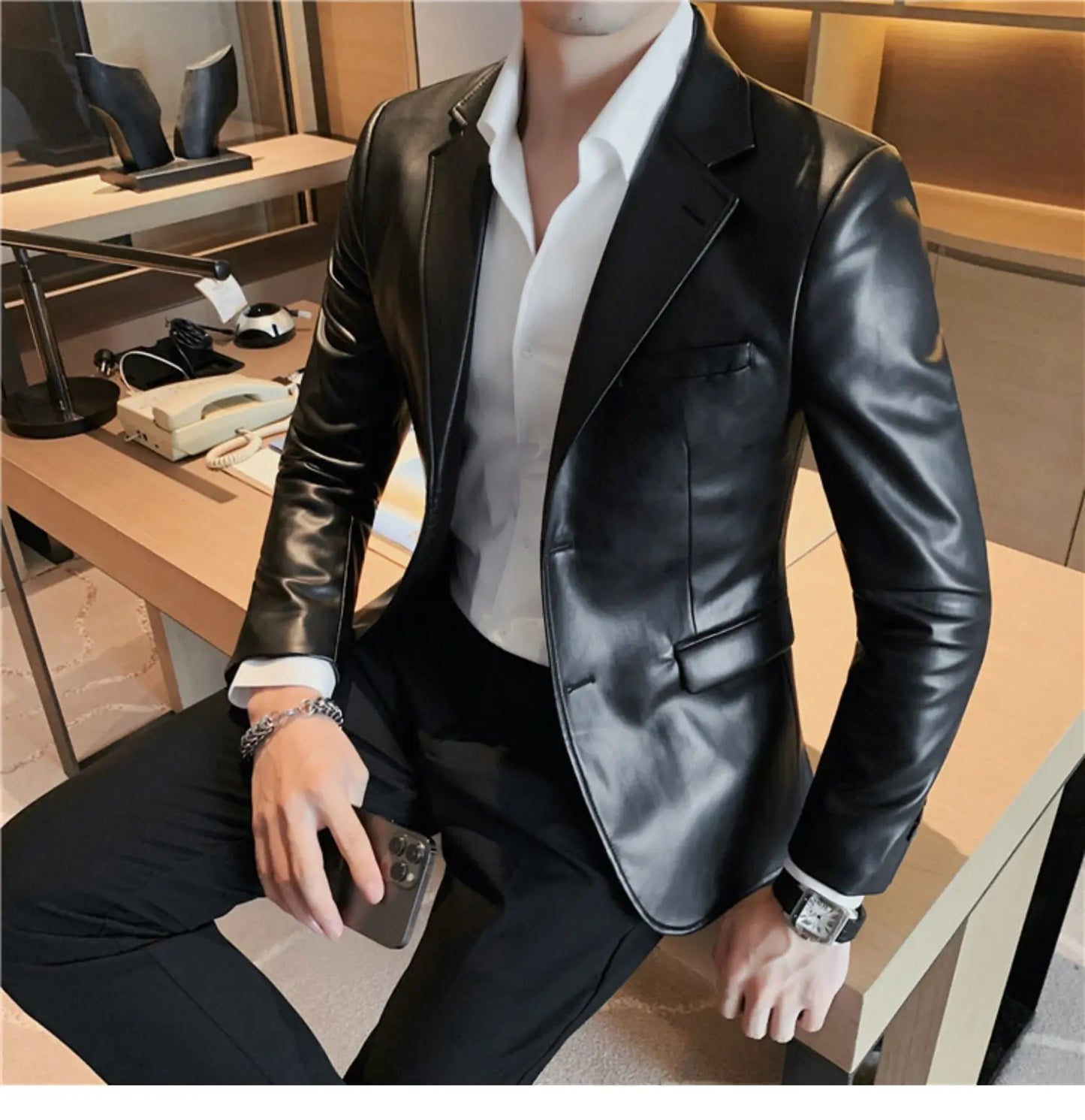 Men's Leather Jacket 2024 Autumn Highend Fashion Solid Slim Fit Business Blazers Coats Korean Casual PU Leather Suit Tuxedo