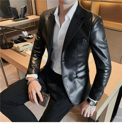 Men's Leather Jacket 2024 Autumn Highend Fashion Solid Slim Fit Business Blazers Coats Korean Casual PU Leather Suit Tuxedo