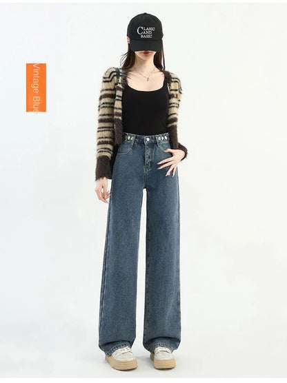Winter Thick Warm Womens High Waist Jeans Fleece Lined Loose Fit Wide Leg Trousers Korean Style Stretchy Adjustable Waist  Jeans