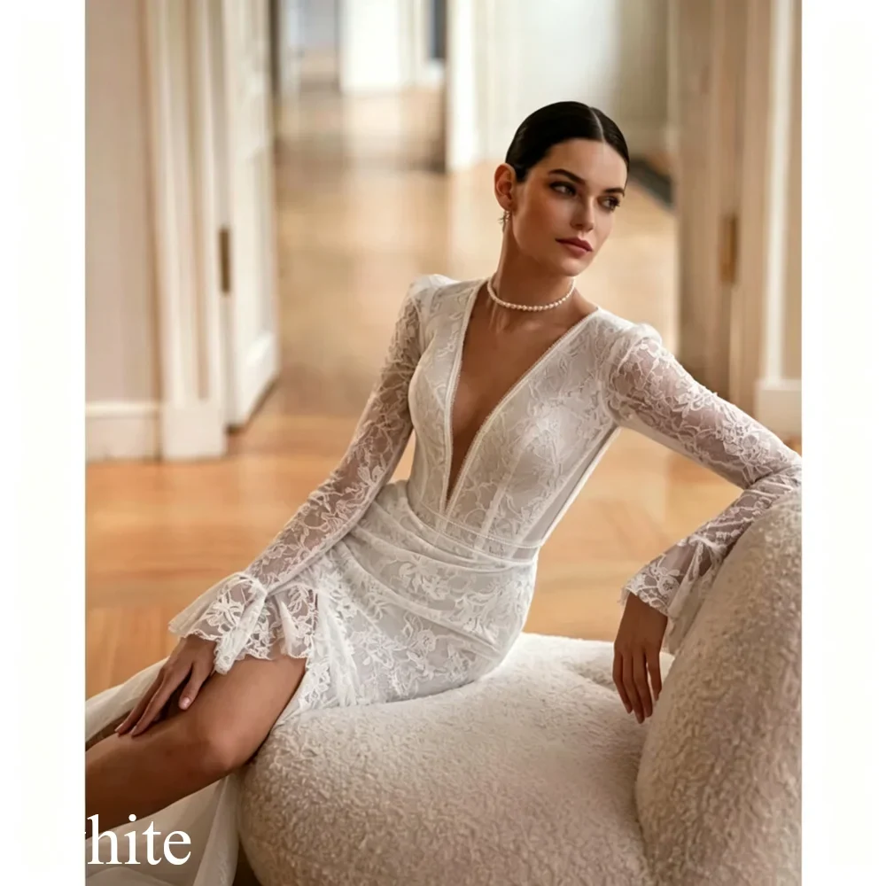 Boho Lace Appliques Mermaid Wedding Dress Simple Long Sleeves Sexy Deep V-Neck Cut-out Bridal Gown High Slit Vestidos Customized