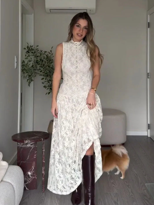 Women's Spring Summer Stylish Off‑White High Neck Lace Sleeveless Dress Female Elegant Temperament Zipper Long Party Dress